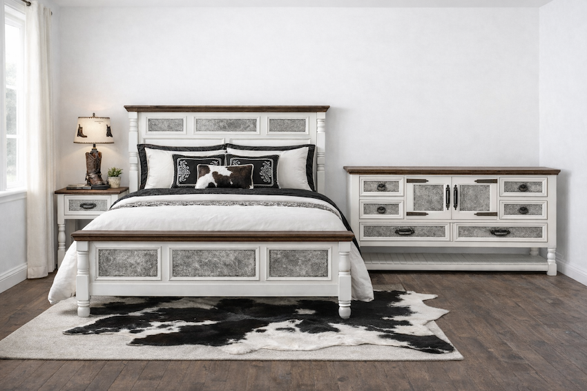 San Luis White Western Bedroom Set with Cowhide
