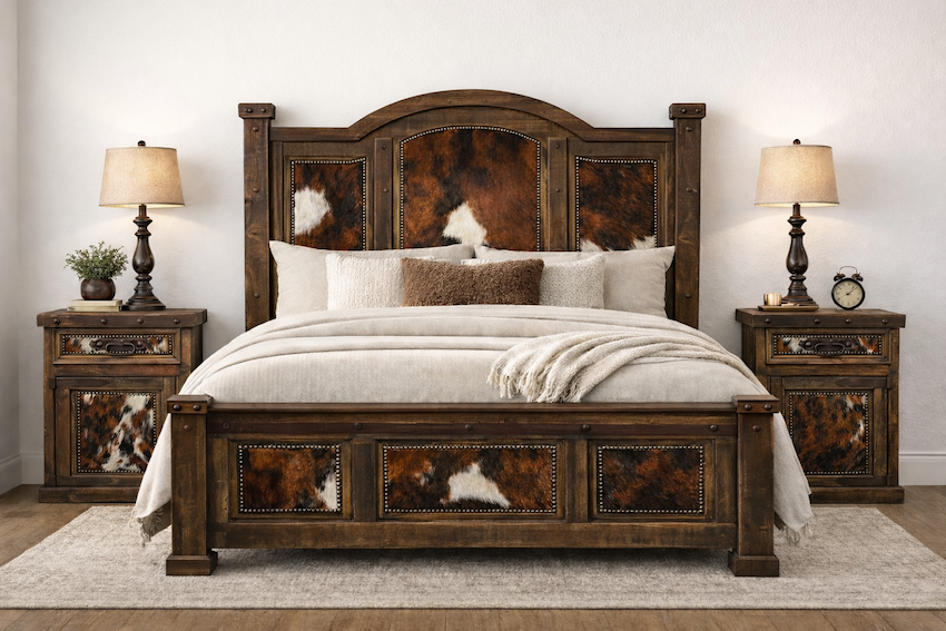 Santa Fe Spirit Western Rustic King Bedroom Set with Tri-Color Cowhide Accents
