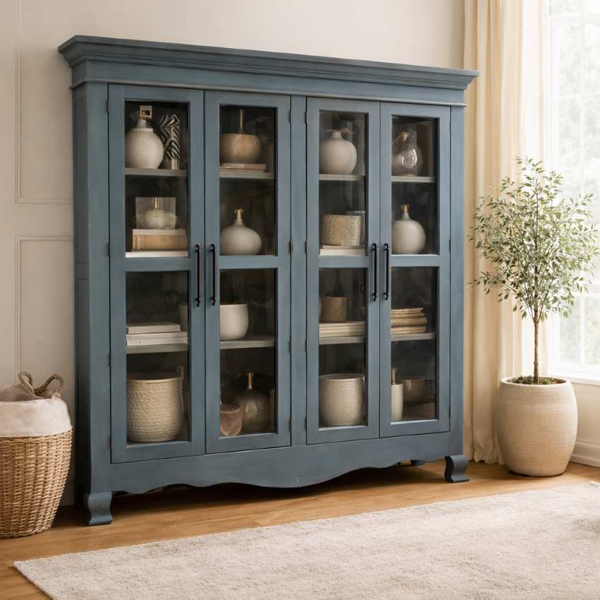Seaside Haven Modern Farmhouse Large Display Cabinet in Seafoam