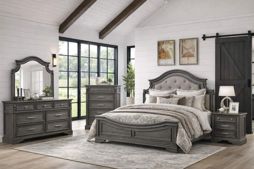 Selena Modern Farmhouse Bedroom Set in Grey