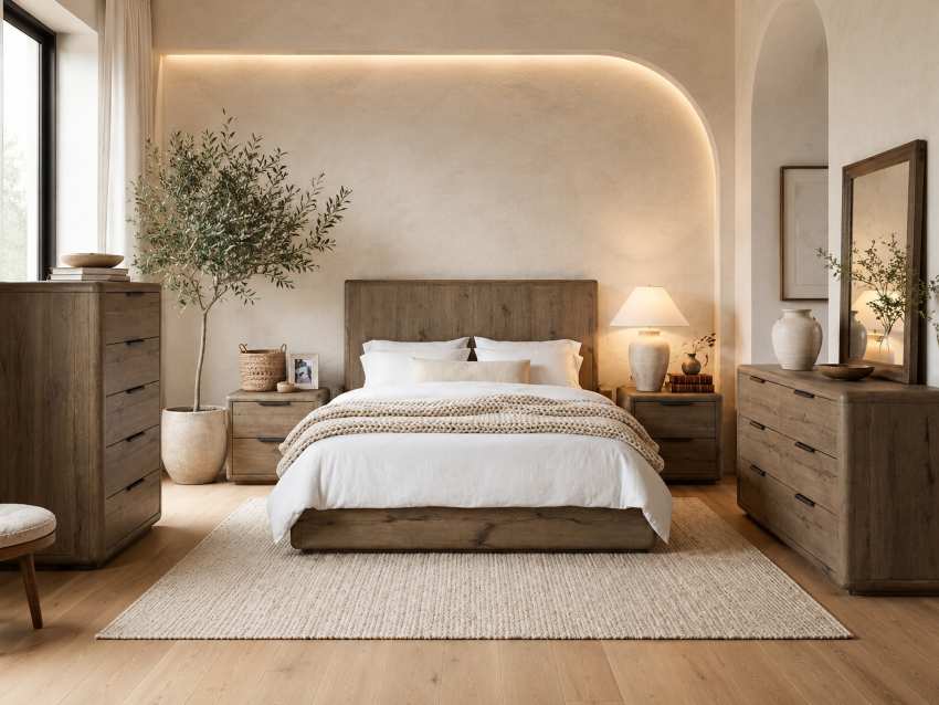 Solenne Arc Modern Rustic Bedroom Set in Knotty Oak Solenne Arc Modern Rustic Bedroom Set in Knotty Oak