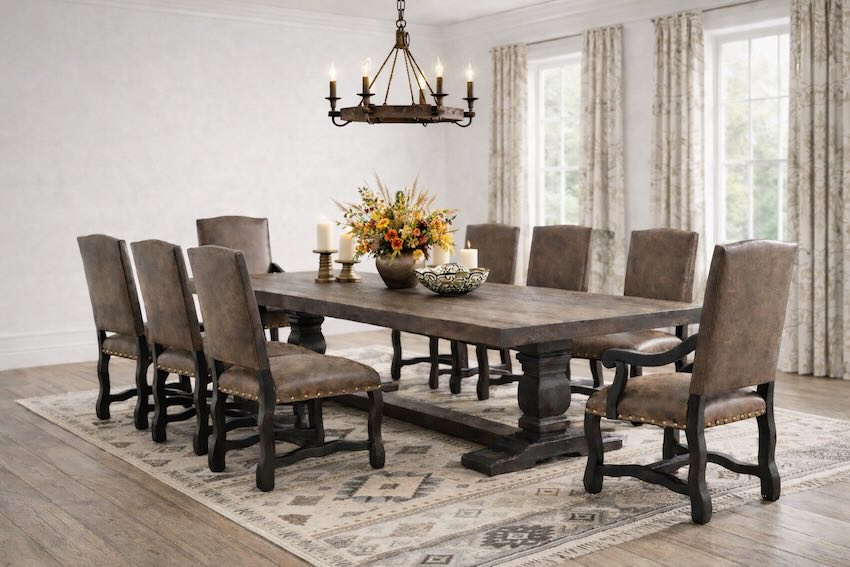 Sonora Western Rustic Dining Set with Leather Chairs - 120" Table