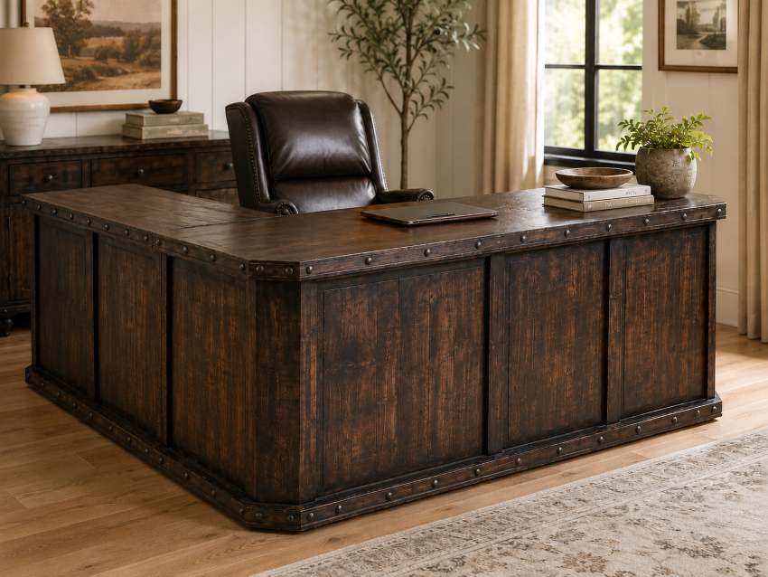 Sonora Western Rustic L-Shaped Desk in Distressed Dark Brown Sonora Western Rustic L-Shaped Desk in Distressed Dark Brown