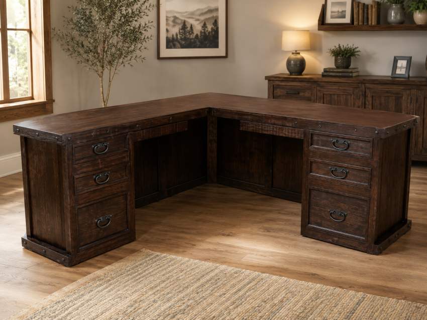 Sonora Western Rustic L-Shaped Desk in Distressed Dark Brown