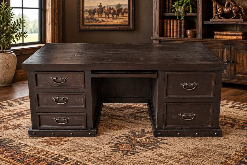 Sonora Western Rustic Texas Star Desk in Distressed Dark Brown