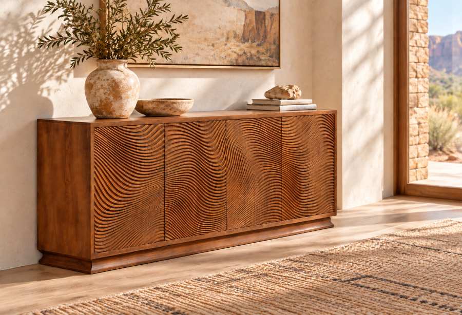 Sonoran Wave 80" Carved Wood 4-Door Console Cabinet in Warm Brown