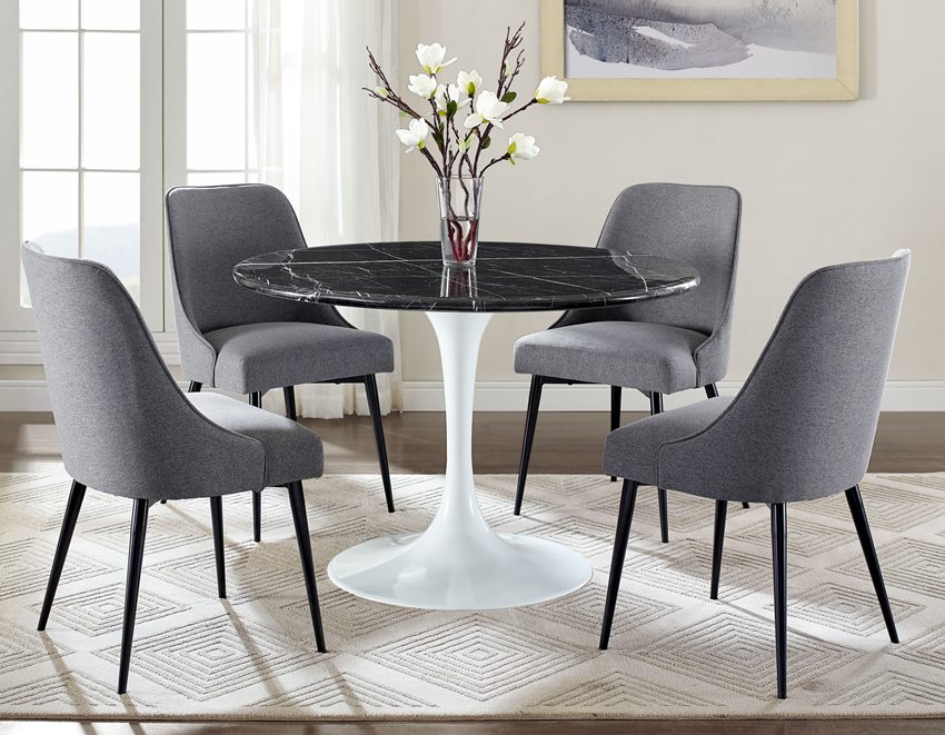 Colfax Black/White Marble Round Dining Set with Charcoal Chairs