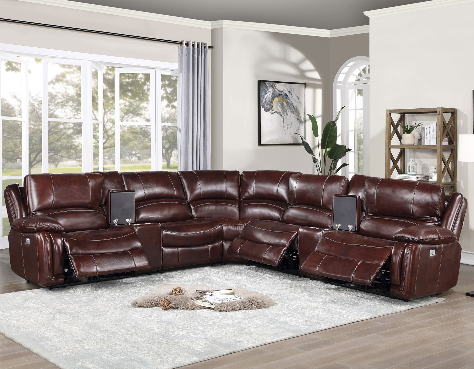 Denver Power Reclining Sectional in Merlot Leather
