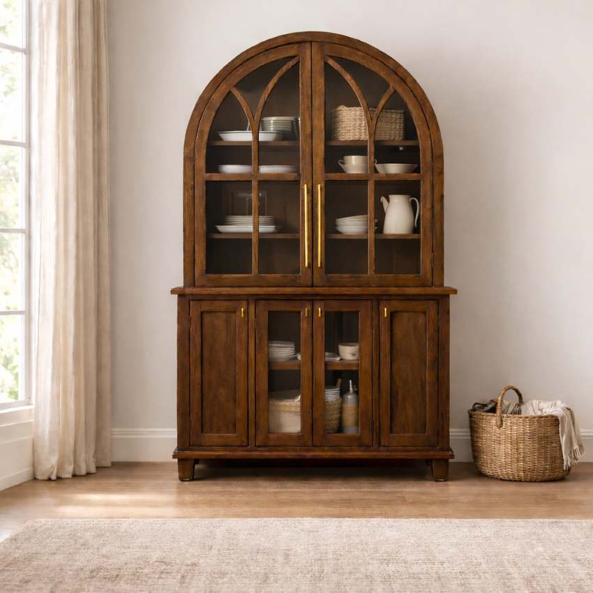 Stonebridge Arched Farmhouse Display Cabinet in Warm Brown