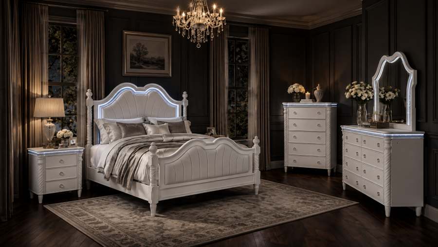 Swindon White Glam Bedroom Set with LED Lights Swindon White Glam Bedroom Set with LED Lights