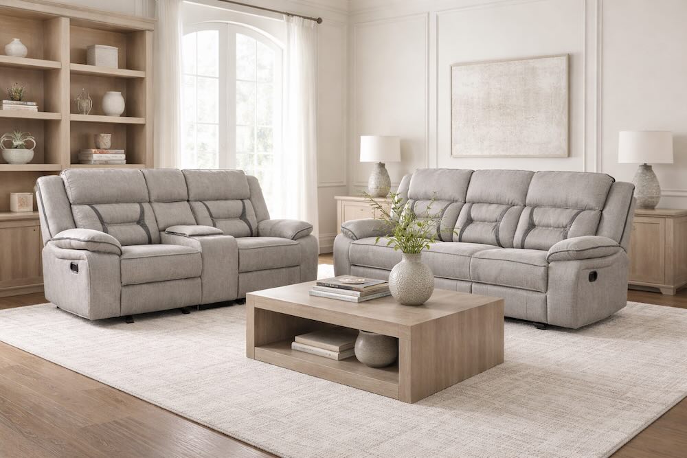 Greer Taupe Reclining Living Room Set with Console Storage & Power Greer Taupe Reclining Living Room Set with Console Storage & Power