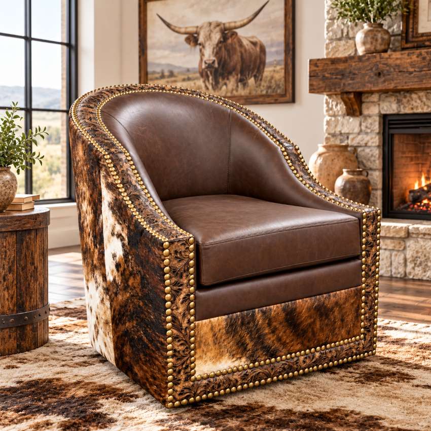Texas Heritage Luxury Top Grain Leather & Cowhide Swivel Barrel Chair