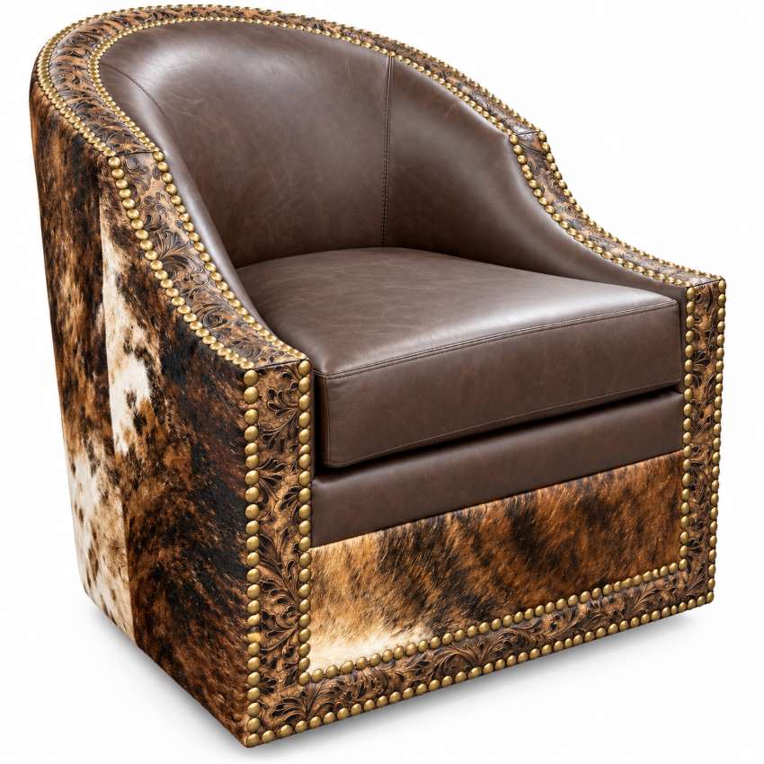 Texas Heritage Luxury Top Grain Leather & Cowhide Swivel Barrel Chair