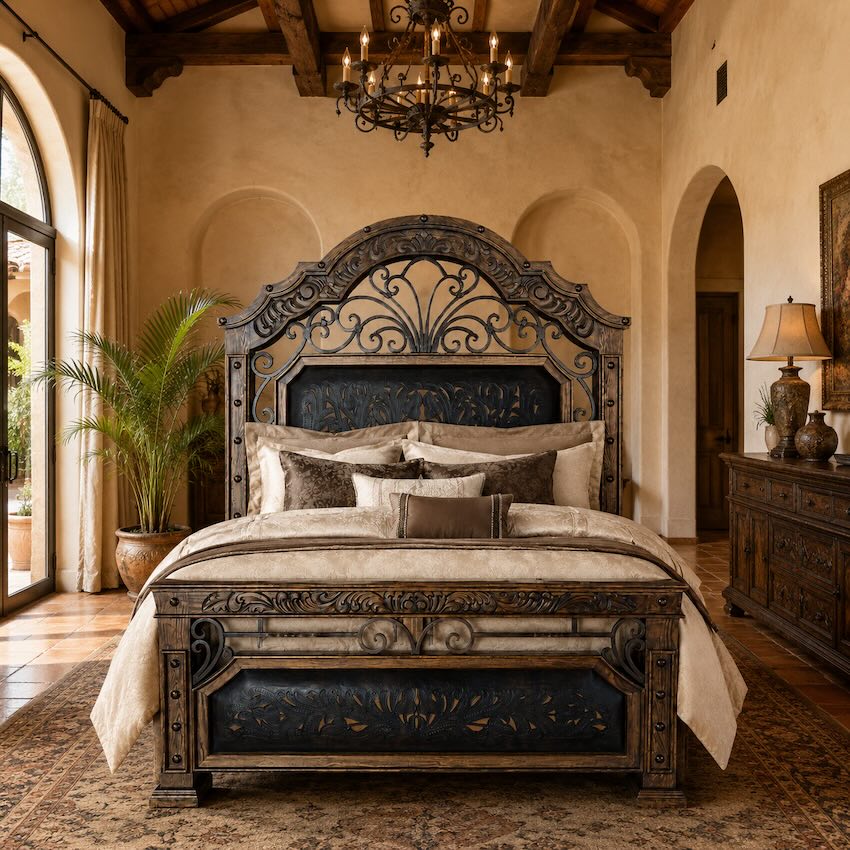 LMT Design Tooled Leather & Iron Luxury Western Rustic Bed LMT Design Tooled Leather & Iron Luxury Western Rustic Bed