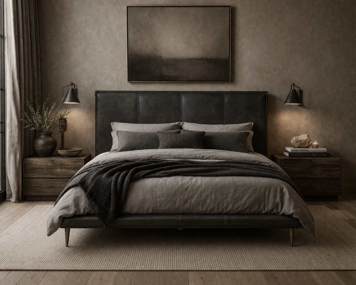 Alderstone Grey Top Grain Leather Platform Bed