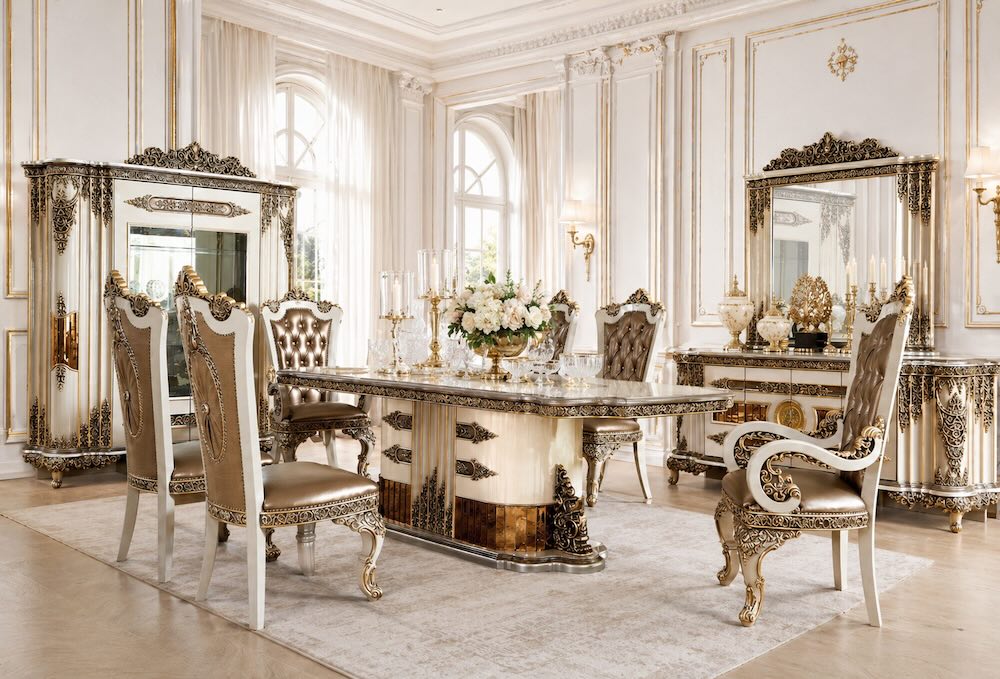 Valetina Court Luxury Ornate Formal Dining Set in Ivory & Bronze