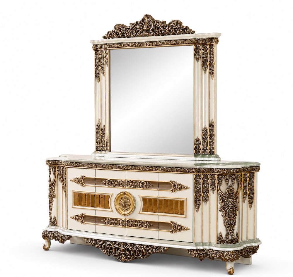 Valetina Court Luxury Ornate Formal Dining Set in Ivory & Bronze