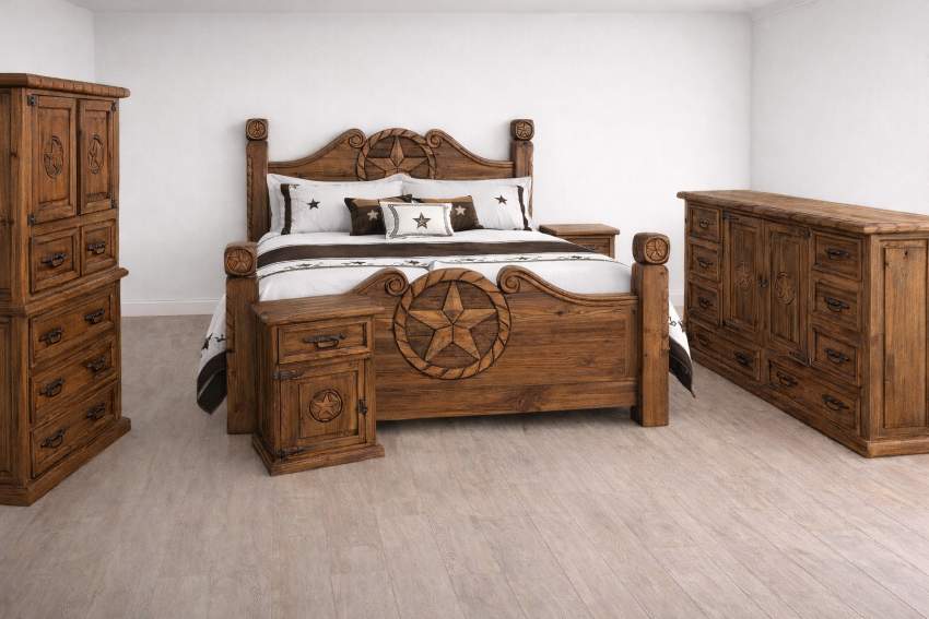 Vaquero Western Rustic Texas Star King Bedroom Set in Natural Dark