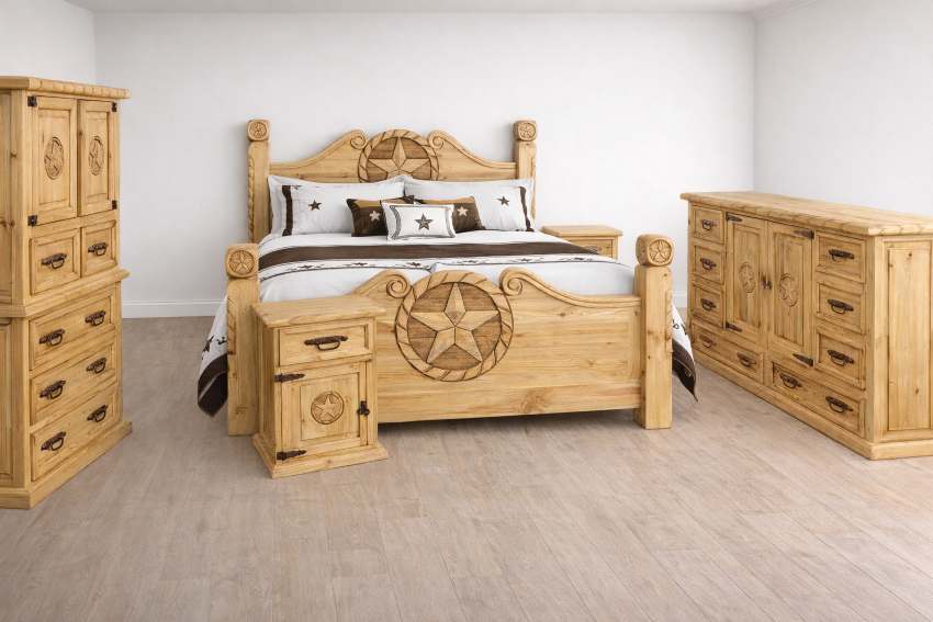 Vaquero Western Rustic Texas Star King Bedroom Set in Natural Light