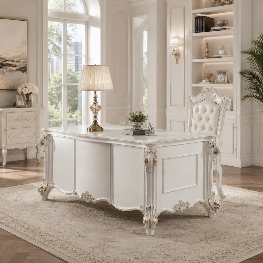 Vendome European Ornate Luxury Desk in Pearl White
