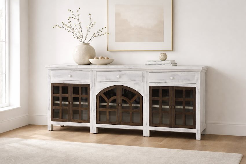 Verona 105" Accent Cabinet in Weathered White & Dark Granite