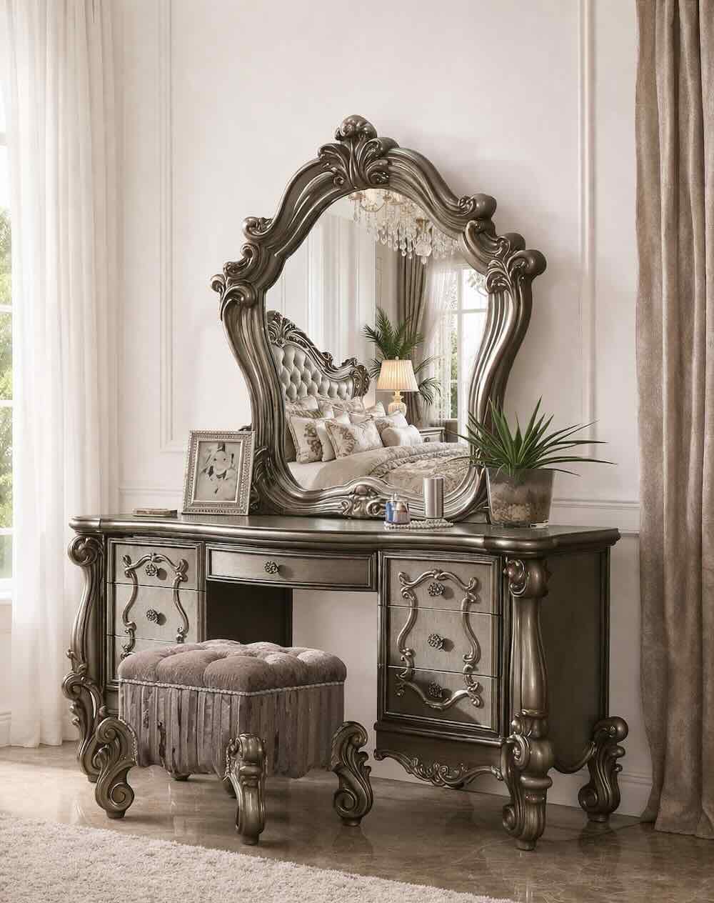 Versailles Luxury Old European Bedroom Set in Antique Platinum