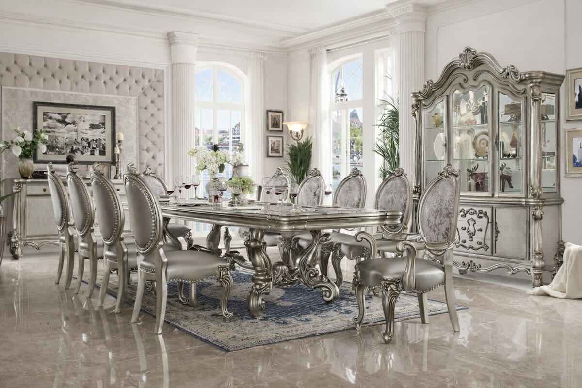 Versailles Luxury European 9-Piece Formal Dining Room Set in Platinum Versailles Luxury European 9-Piece Formal Dining Room Set in Platinum