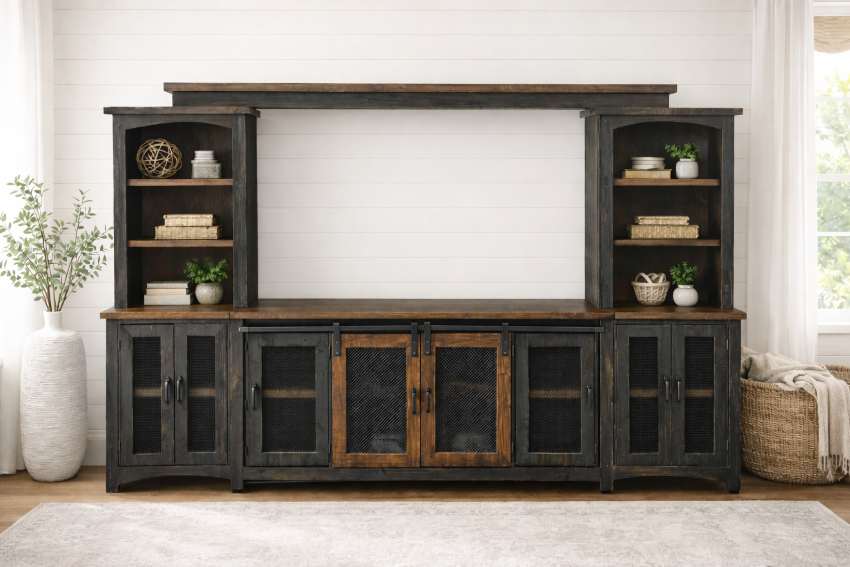 Villa Modern Farmhouse Entertainment Center in Black