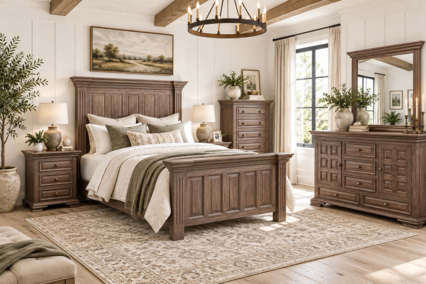 Weatherford Modern Rustic Bedroom Set in Farmhouse Brown