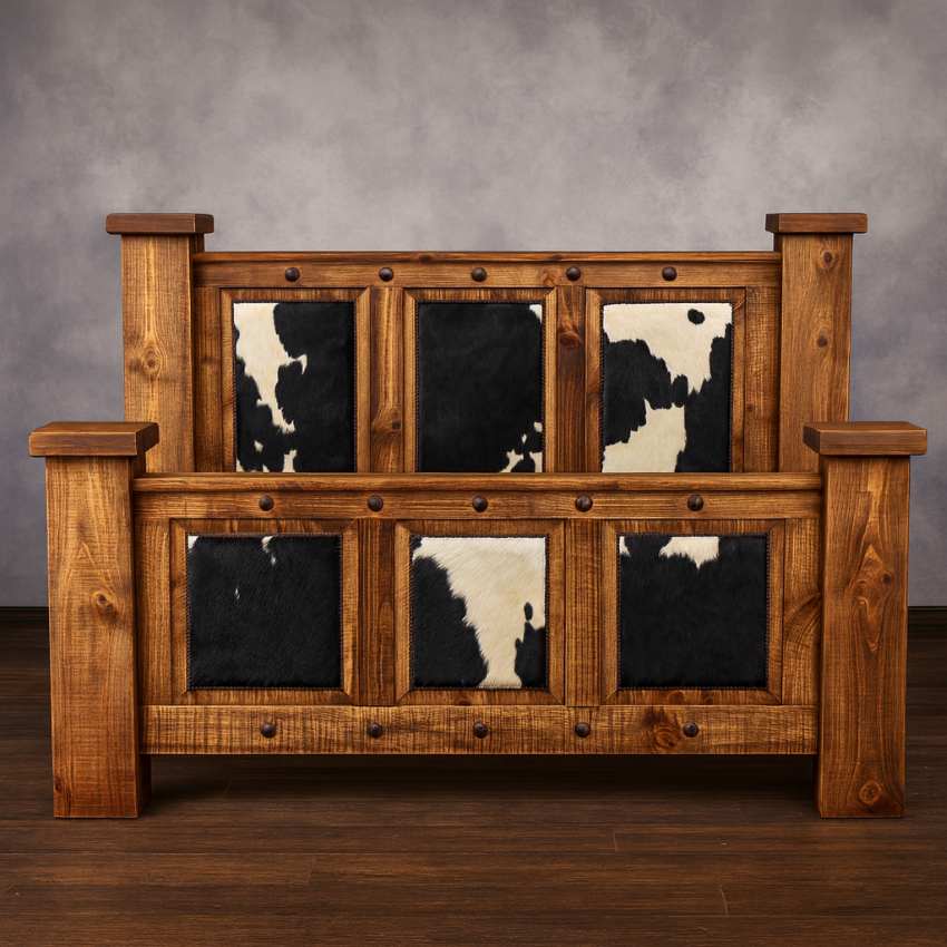 Western Indian Rustic Solid Wood Bed with Cowhide Accents
