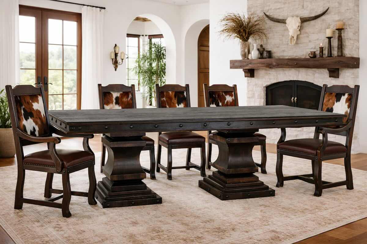 Gran Hacienda Western Table with Cowhide Dining Chairs