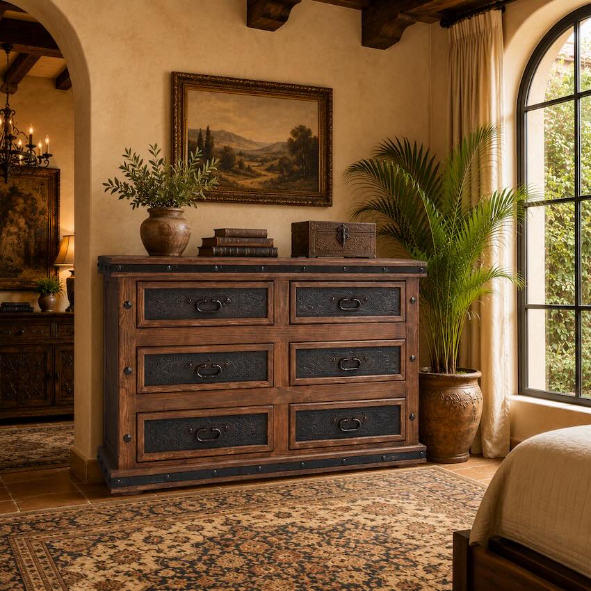 LMT Design Tooled Leather & Iron Luxury Western Rustic Bed