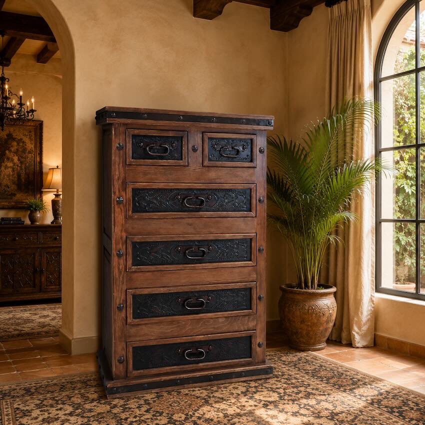 LMT Design Tooled Leather & Iron Luxury Western Rustic Bed
