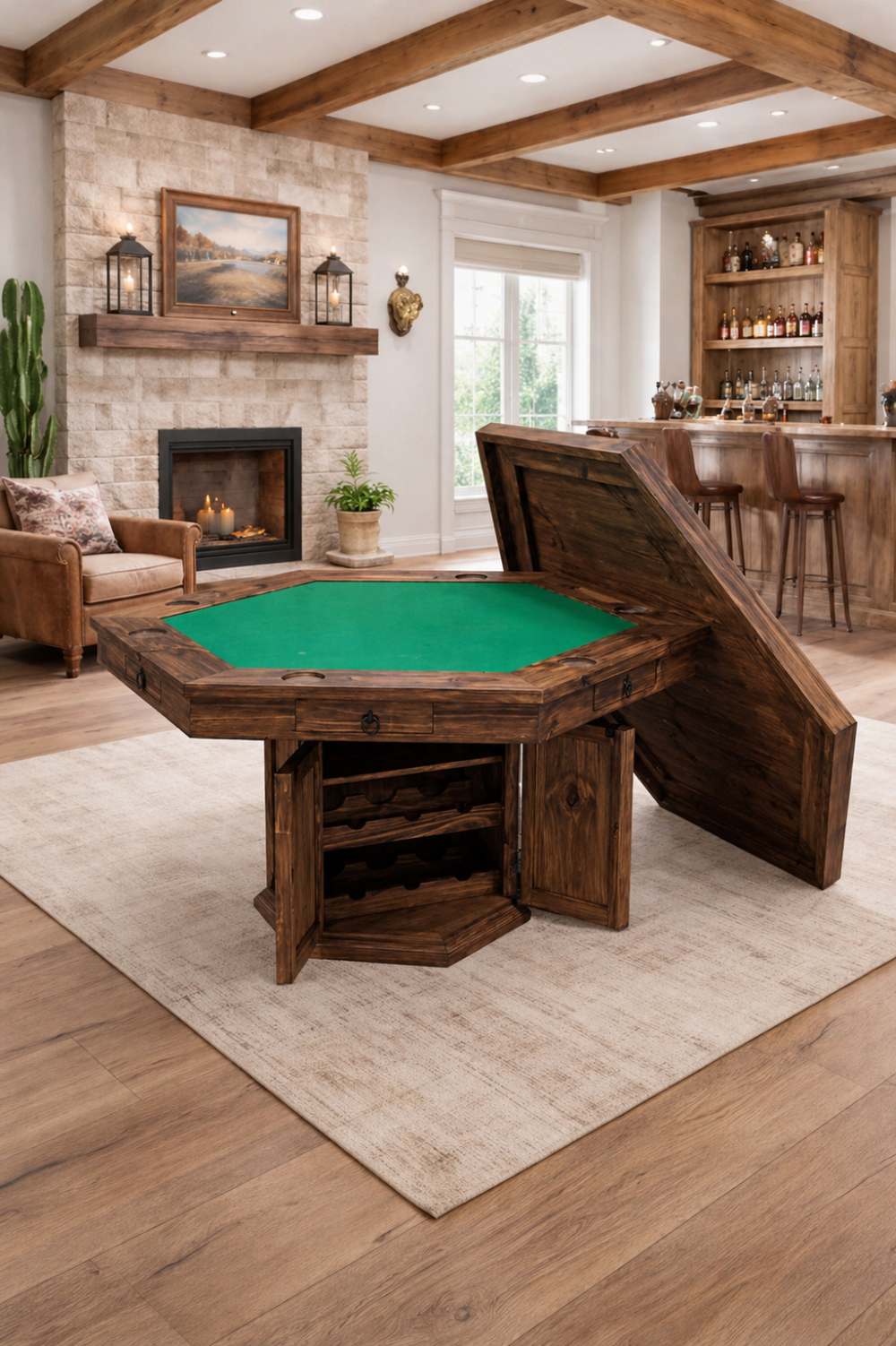 Western Rustic Poker Table with Removable Wood Top (Dark Solid Wood)