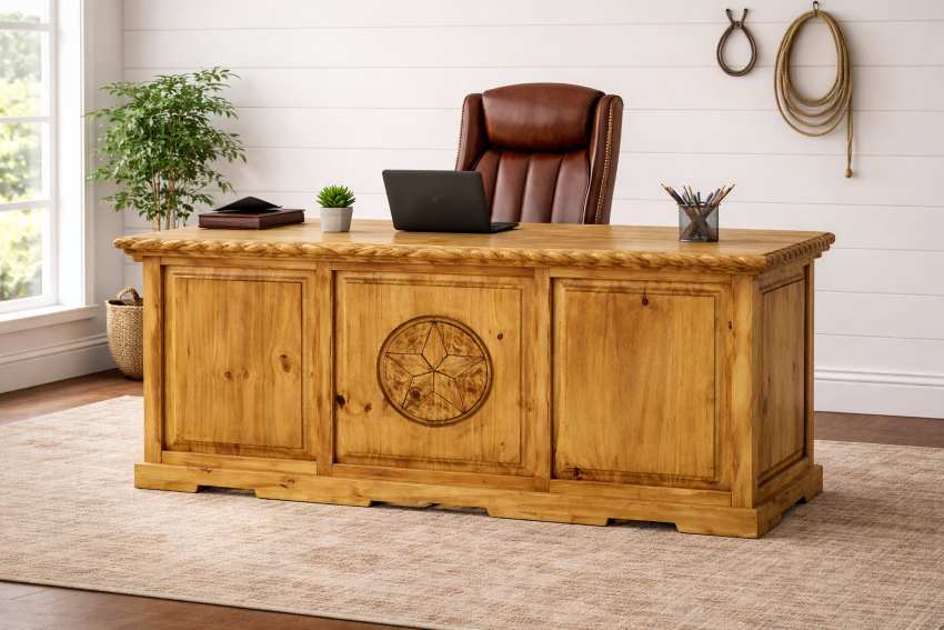 Western Rustic Texas Star Executive Desk in Natural Pine