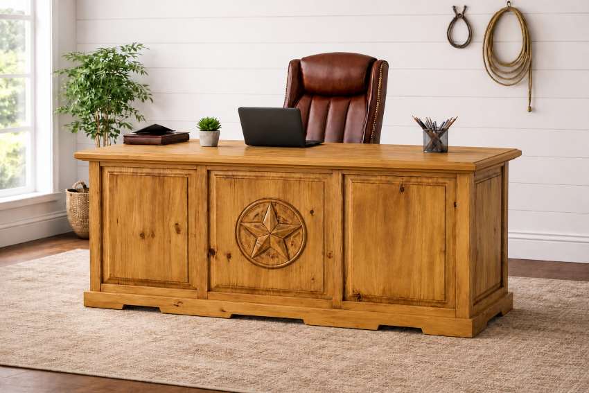 Western Rustic Texas Star Executive Desk in Natural Pine