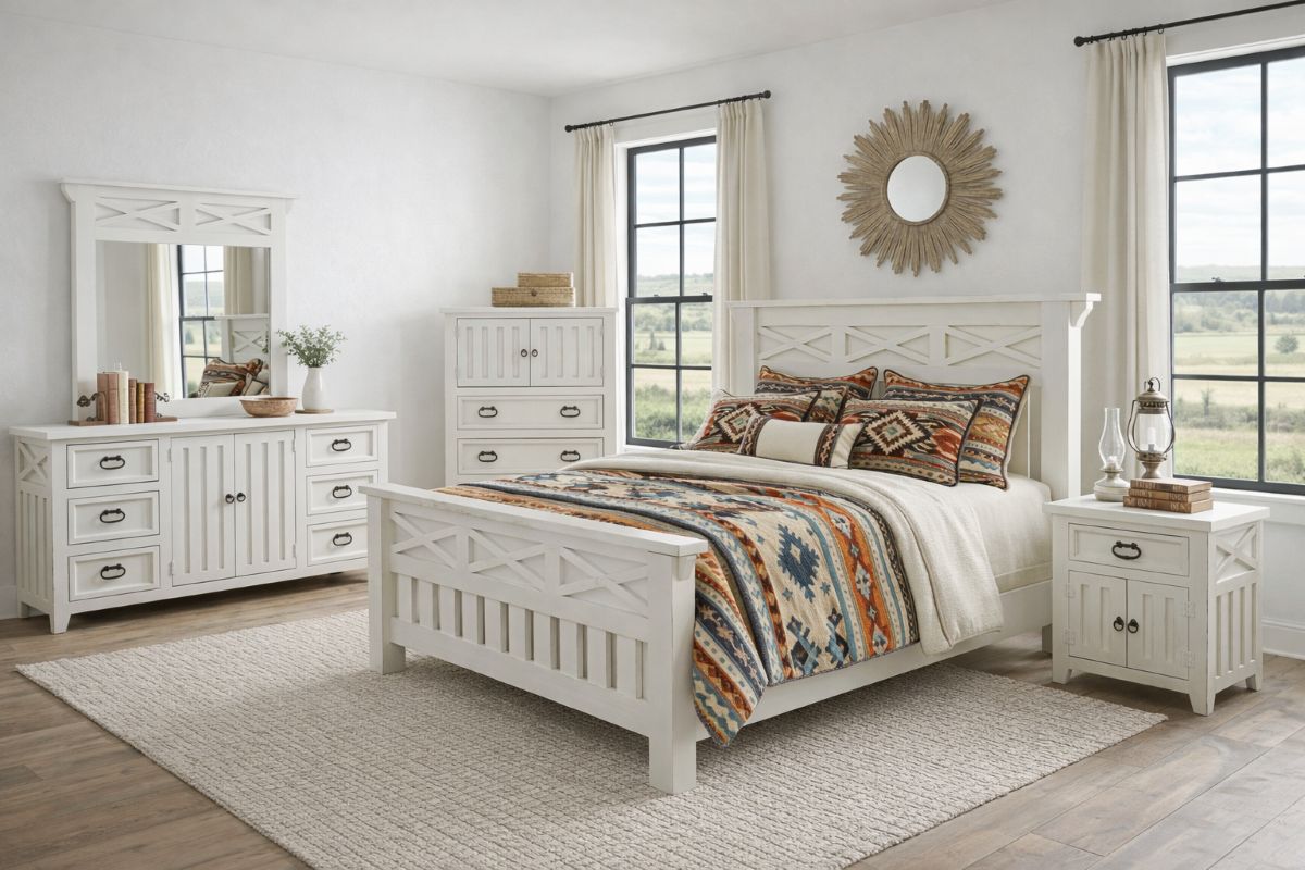 Western Rustic White Las Cruces 5-Piece Queen Bedroom Set
