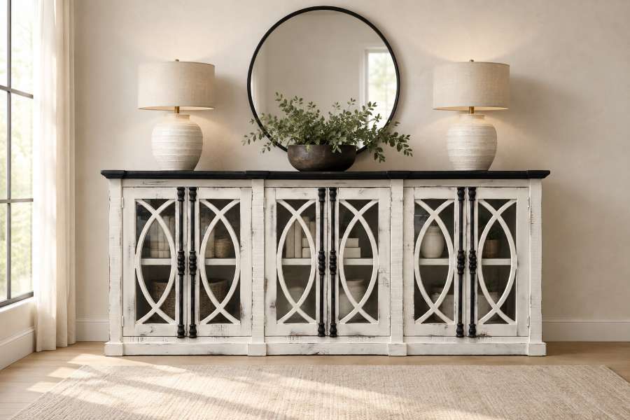 Willow Bend 90" Solid Wood Rustic Farmhouse White Accent Cabinet