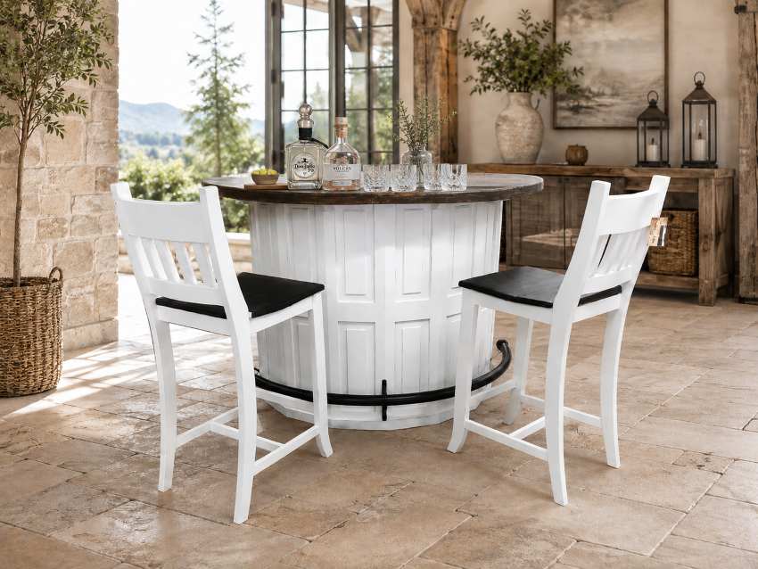 Willow Creek Rustic Farmhouse Curved Bar Set with 2 Bar Chairs in White Willow Creek Rustic Farmhouse Curved Bar Set with 2 Bar Chairs in White