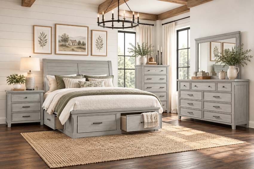 Willowbrook Light Gray Modern Farmhouse Bedroom Set with Storage Bed