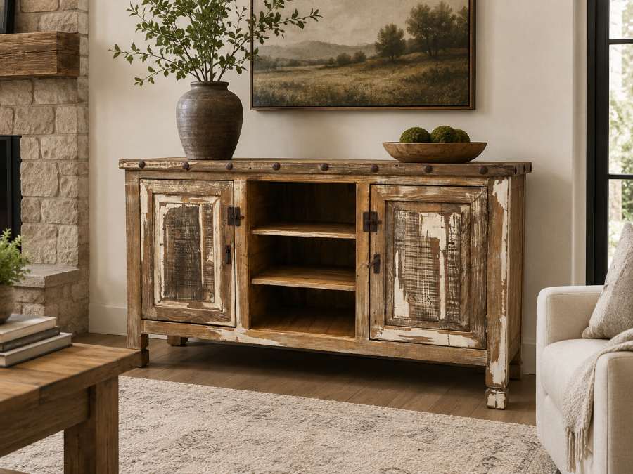 Antique White Washed Western Rustic TV Stand