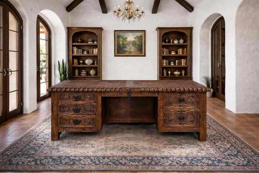 LMT Design Western Rustic Hand-Carved Desk with Iron Accents