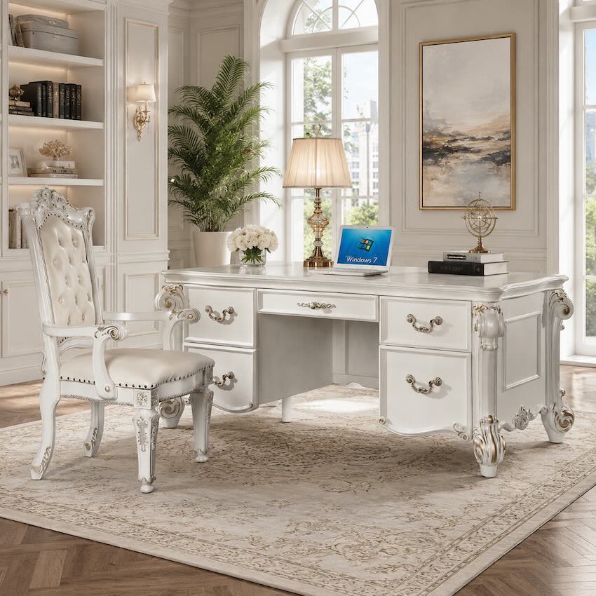 Vendome European Ornate Luxury Desk in Pearl White